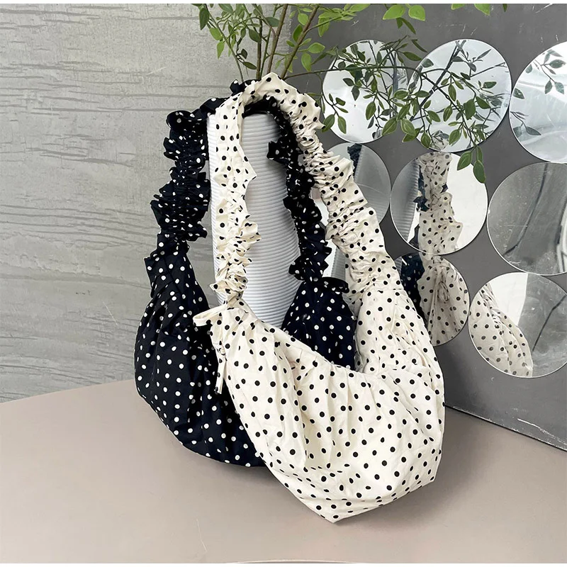 

Korean Pleated Dumpling Bag Fashion Lace Drawstring Handbag Classic Black White Polka Dot Shoulder Bag Large Casual Crossbodybag