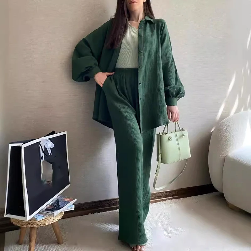 2024 Autumn Winter Long Sleeve Shirt Set Lady Retro Solid Single Breasted Commuting Suit Casual Pocket Straight Leg Pants Outfit