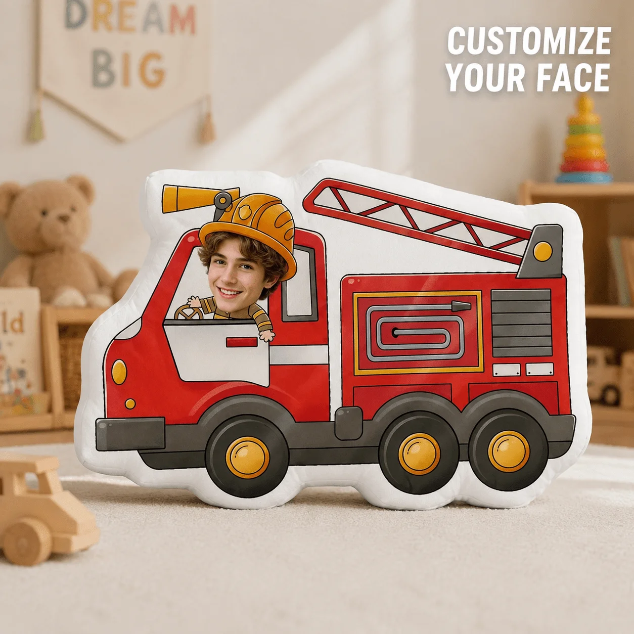 Custom Personalized Photo Face Pillow, Fire Truck Shaped Decorative Cushion, 60CM Large Size Home Ornament for Sofa & Bedroom, U