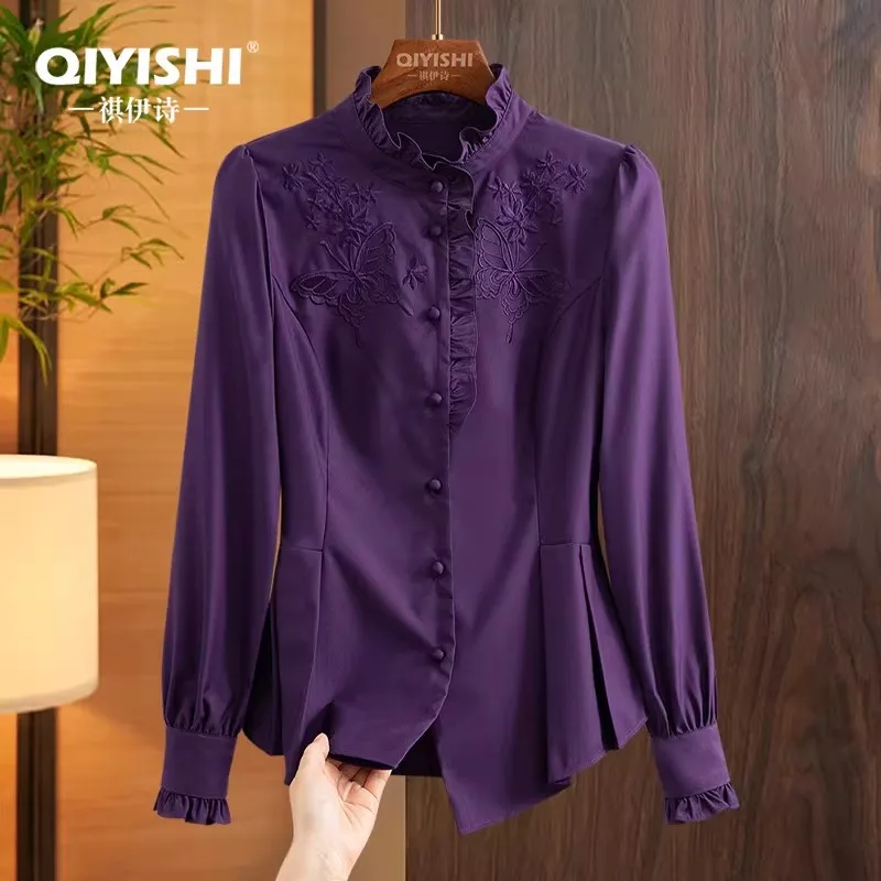 

Vintage Embroidered Womens Purple Ruffled Button-down Shirt Long Sleeve Stand Neck Slim Fit Fashion Casual Office Blouses