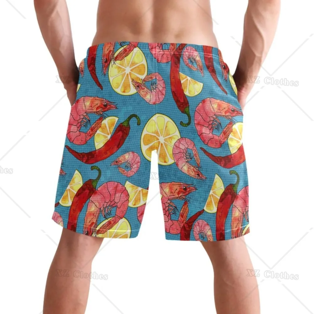 Lemon Chili and Shrimp Print Men's Beach Shorts Hot Summer Swim Trunks Sports Running Bathing Suits with Mesh Lining and Pocket