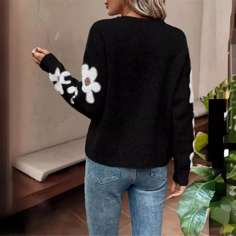 Women Loose Floral Pattern Long Sleeve Pullover Sweater Female Daily Clothes Autumn New Women\'s Loose Round Neck Knitted Top