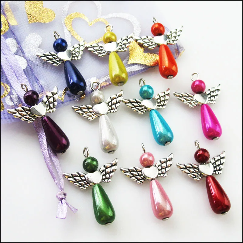 Новые смешанные акриловые/стеклянные/кристаллы/ракушки подвески ангела и посеребренные крылья для браслетов подвески для изготовления ювелирных изделий V136