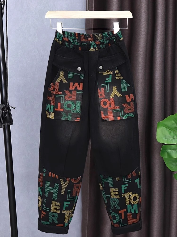 

Осенние джинсы Harlan, женские уличные укороченные повседневные брюки в стиле Харадзюку с высокой талией и большими карманами, черные джинсовые брюки, новинка 2023 года