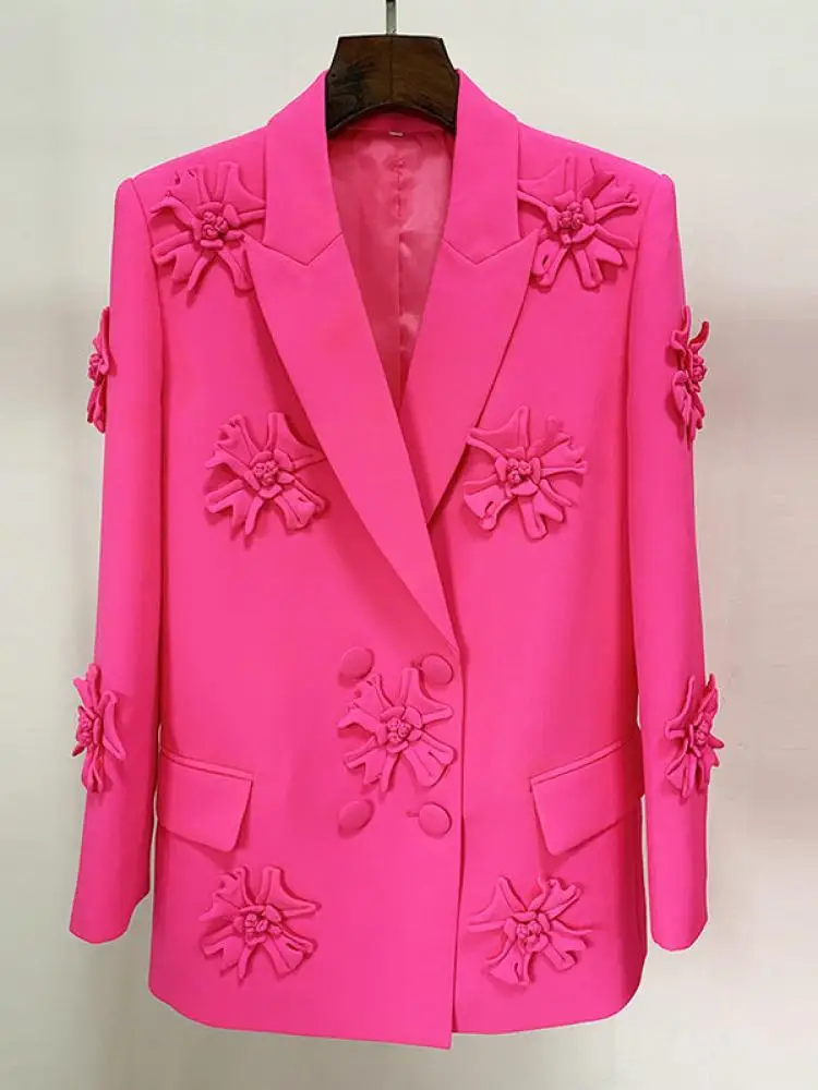 Elegant Floral Embroidery Suit Jacket Heavy Embroidery 3D Decoration Magenta Color Commute Style Women's Long Sleeve Coat