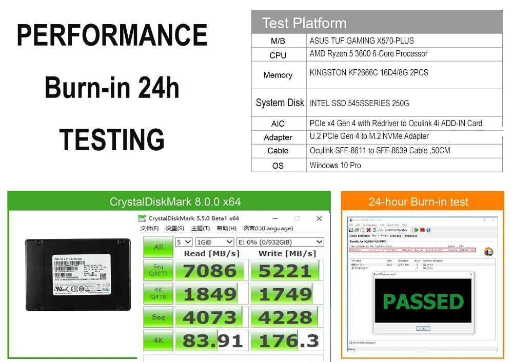 IOCREST PCIe 4.0 x4 Gen4 with Redriver to Oculink 4i SFF-8612 Add-in Card Adapter Full Speed Connect 2.5'' U.2 NVMe SSD