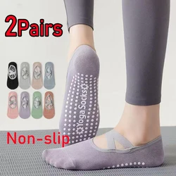 2 Pairs Bandage Yoga Socks Women Cotton Backless Section Non Slip Pilates Socks Breathable Fitness Dance Sports Grip Floor Socks