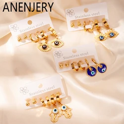 ANENJERY 316L Stainless Steel 6 Pieces Circle Eyes Palm Pendant Earring for Women Simple Niche Jewelry Gifts Wholesale