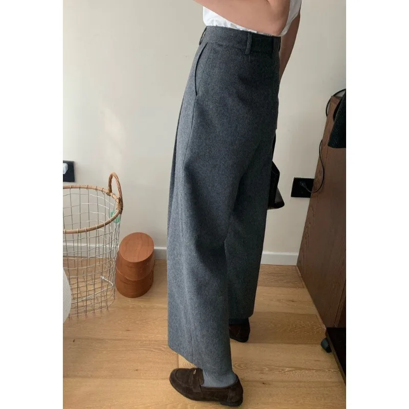 冬の新作スリムで多用途な厚手のルーズウールパンツ、女性用シンプルで上品なワイドレッグパンツ