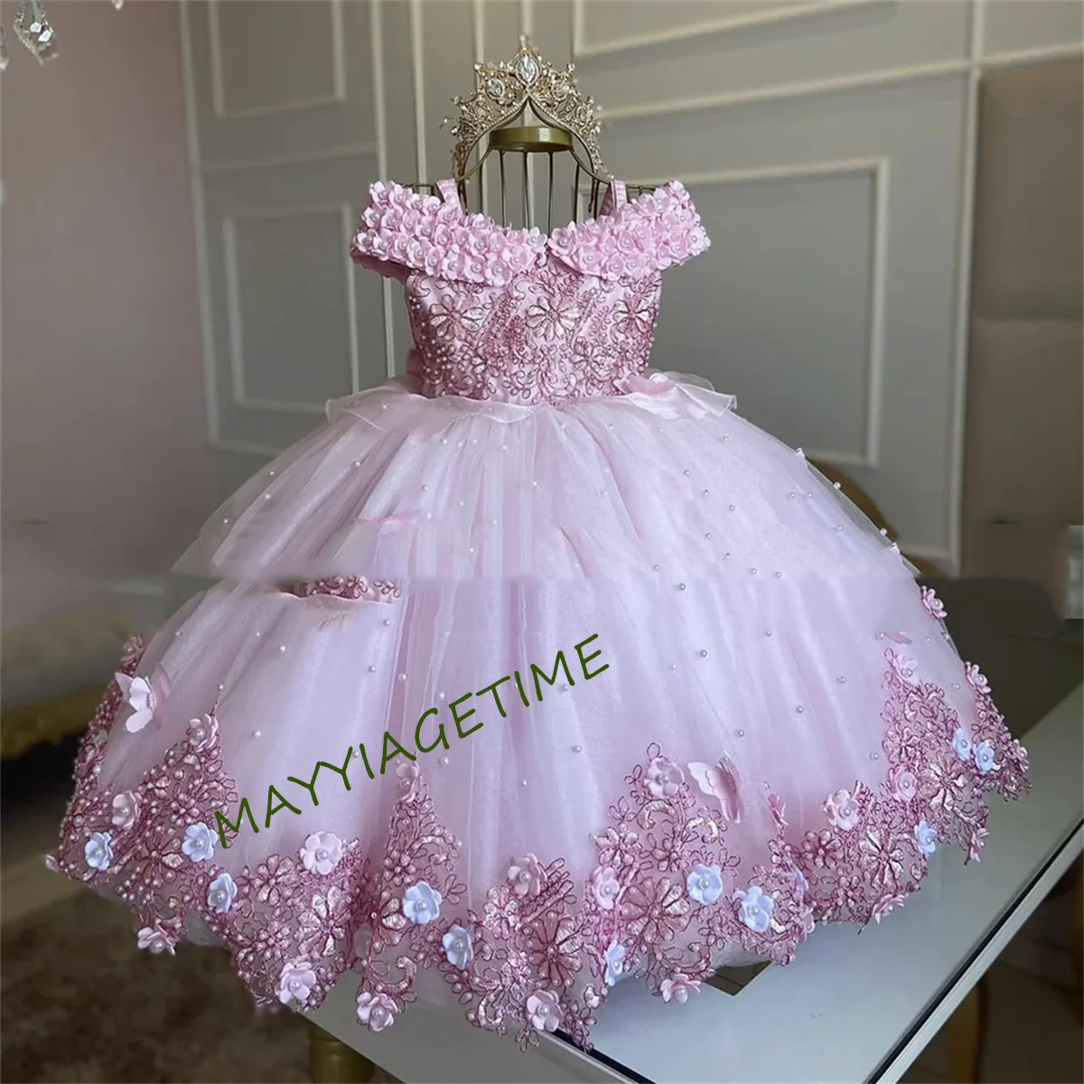 CustGirl Communion Wedding For Girl Flower Girl Dresses 2023 Applique Party Dresses Girl Ball Gown Age 2-16 years Sheer Neck Lac