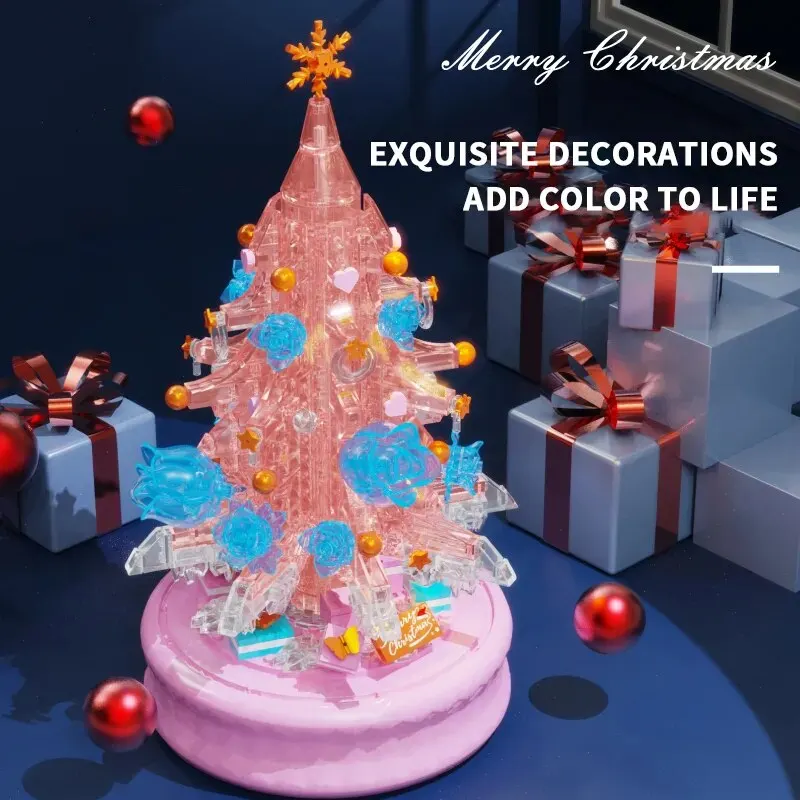 Bloques de construcción de caja de música de luz de árbol de Navidad rosa, modelo de Rosa transparente, ladrillos, regalos románticos de vacaciones para adultos, juguetes para niños