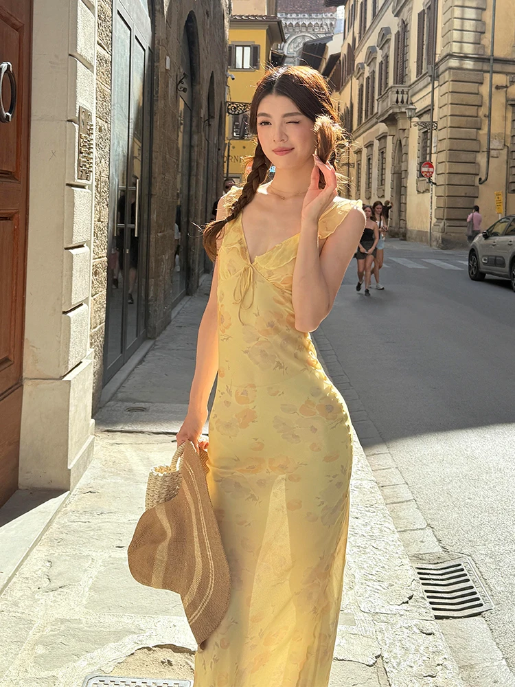 Vestido Largo con Estampado Floral y Cintura Ajustada para Mujer, Estilo Veraniego, Cuello Recto, para Edades de 8 a 25 Años