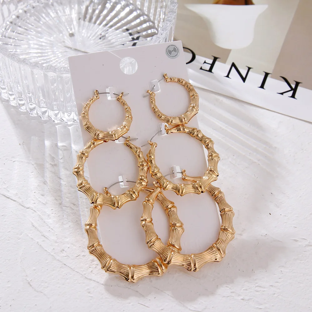 Statement Gold Color Big Bamboo Circle Hoop Earrings for Women Hip Hop Earrings Set Classic Jewelry 3pcs/set