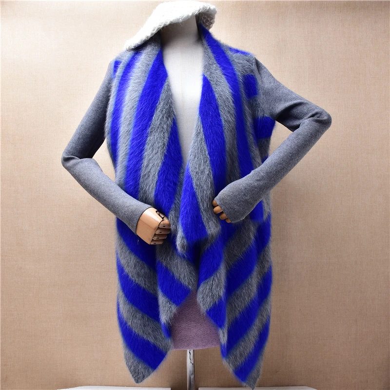 Ladies Women Fall Winter Fashion Blue Striped Mink Cashmere Knitted Long Sleeves Loose Cardigans Mantle Angora Sweater Jacket