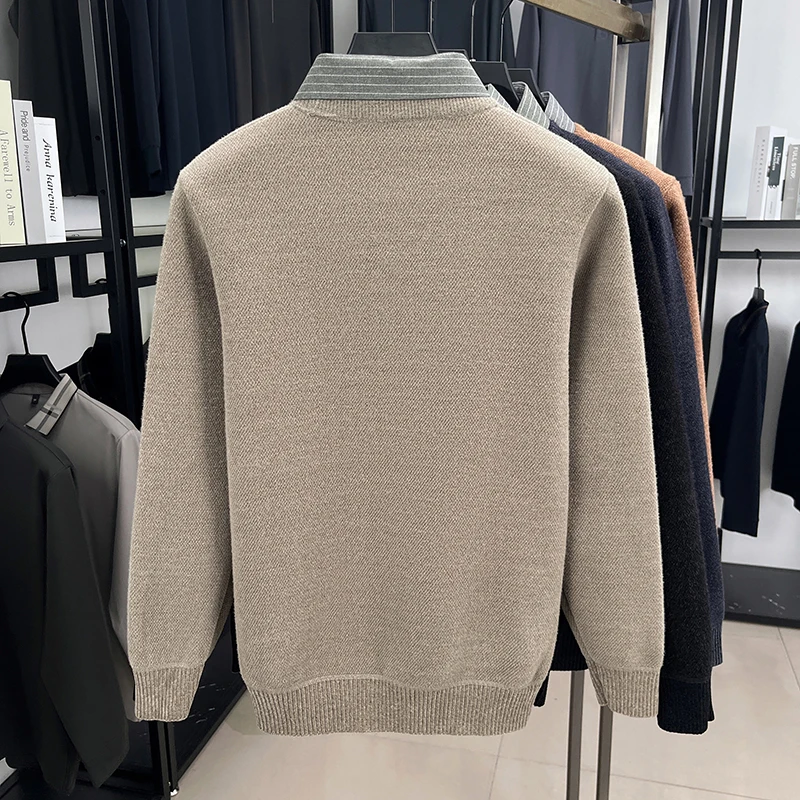 men's luxury autumn winter high quality long sleeves false two-piece lapel embroidery knit sweater leisure trend men's clothing