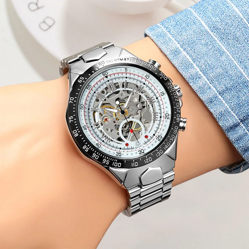 Skeleton Automatic Mechanical Watches for Men Top Brand Luxury Stainless Steel Strap Mechanical Wristwatches Relogio Masculino