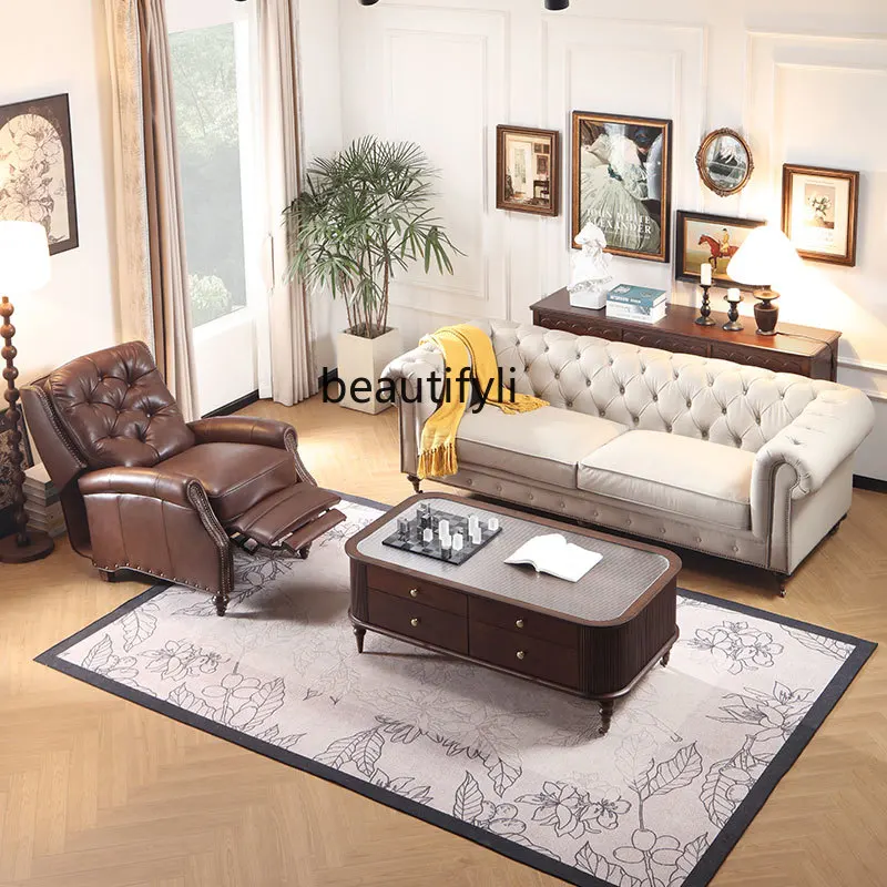 French retro first-layer cowhide leather single sofa chair can sit and lie down living room  sofa American light luxury