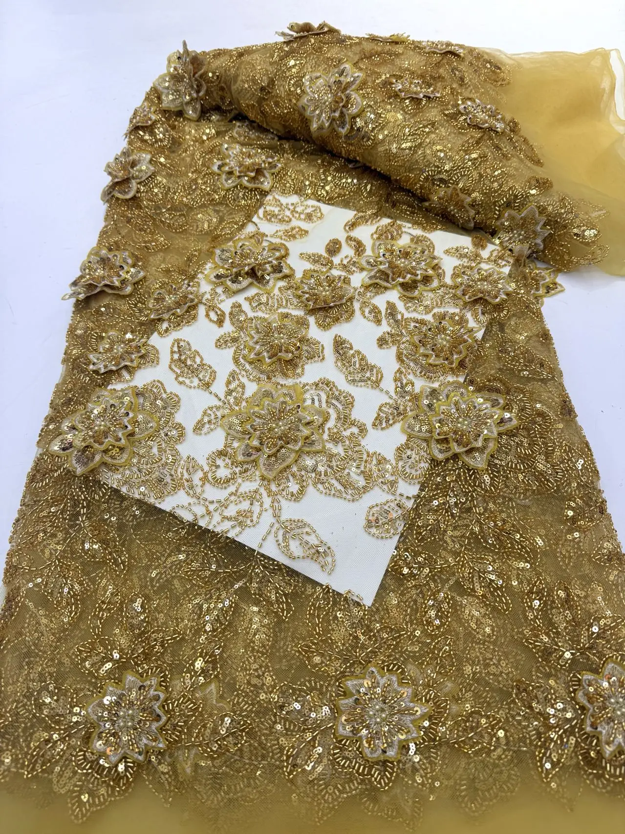 African 3D Floral Embroidered Beaded Lace Fabric 2026 Nigerian Sequined Lace Fabric Suitable for Wedding Dresses