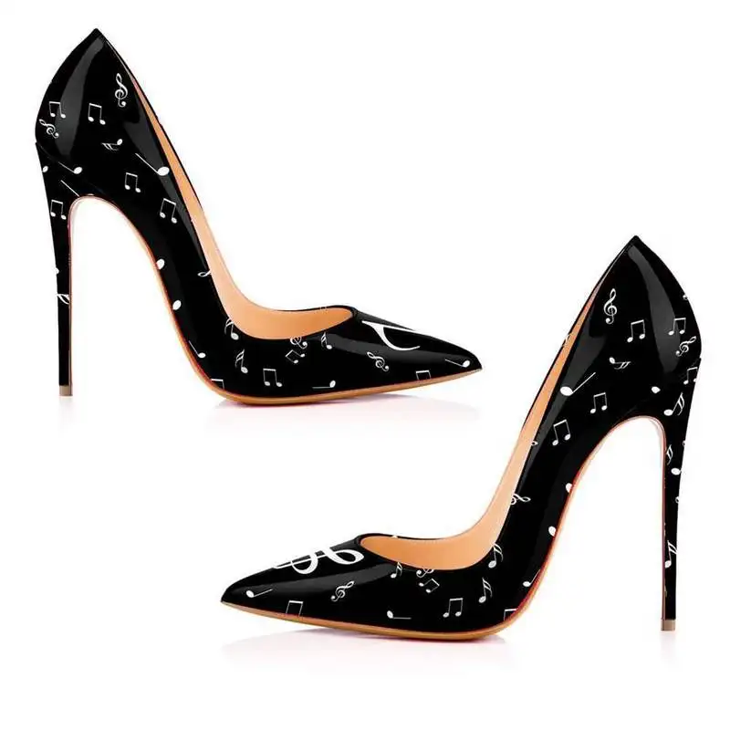 Zapatos de tacón alto con estampado de notas musicales para mujer, calzado de vestir de charol con punta puntiaguda, Color blanco y negro, para boda, 12cm