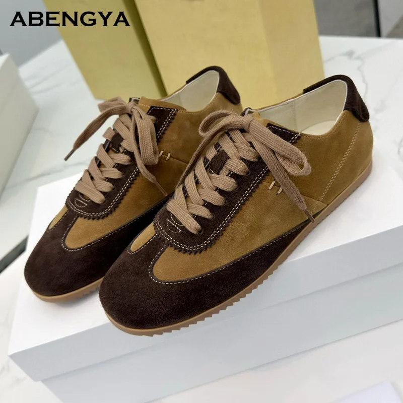 

2025 Autumn Suede Flat Loafers Shoes Women Round Toe Lace Up Casual Daily Shoes Designer Party Vacation Walking Shoes For Women