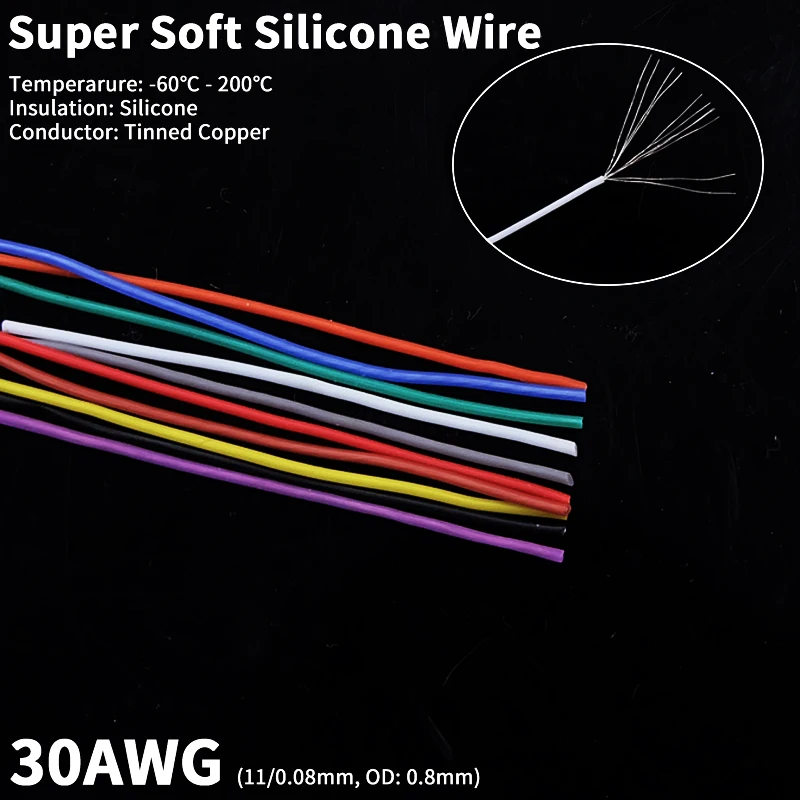 Copper Wire 30AWG Super Soft Silicone Rubber Insulation High Temperature Flexible Heat-Resistant DIY Lighting Electronic Cable