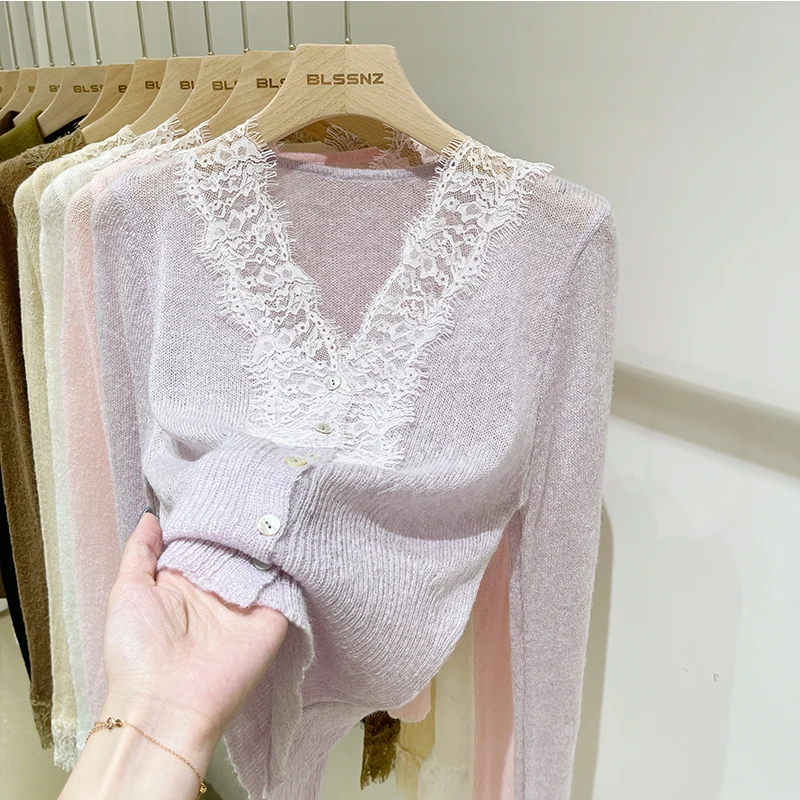 Lace Long-Sleeved Knitted Cardigan for Women V-neck 2022 Autumn and Winter New Fashion Stitching Design Sweater Coat Feminine