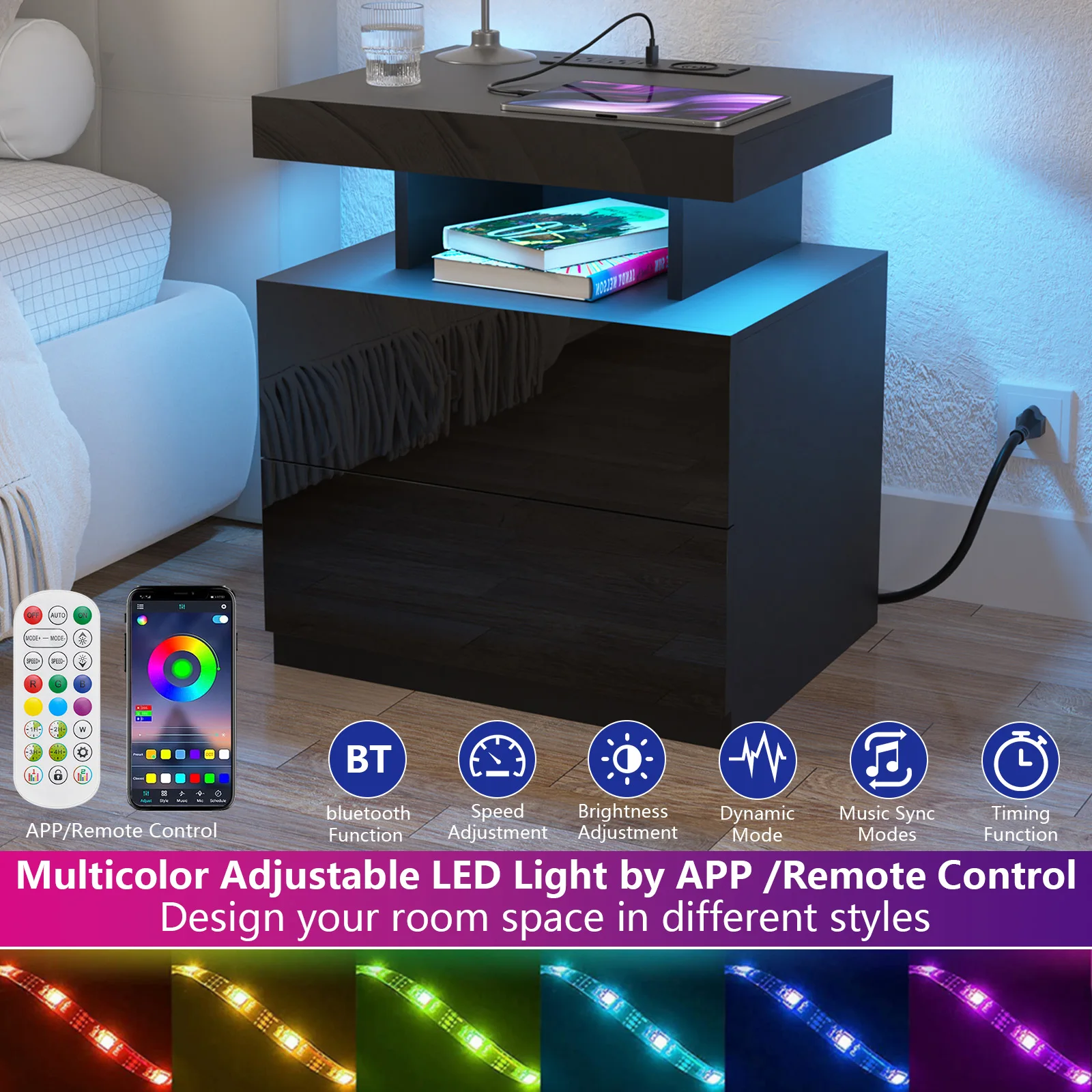 Nightstand LED Light Bedside Table With 2 Drawer Waterproof Modern Style Adjustable Brightness Bedroom Furniture Cabinet Storage