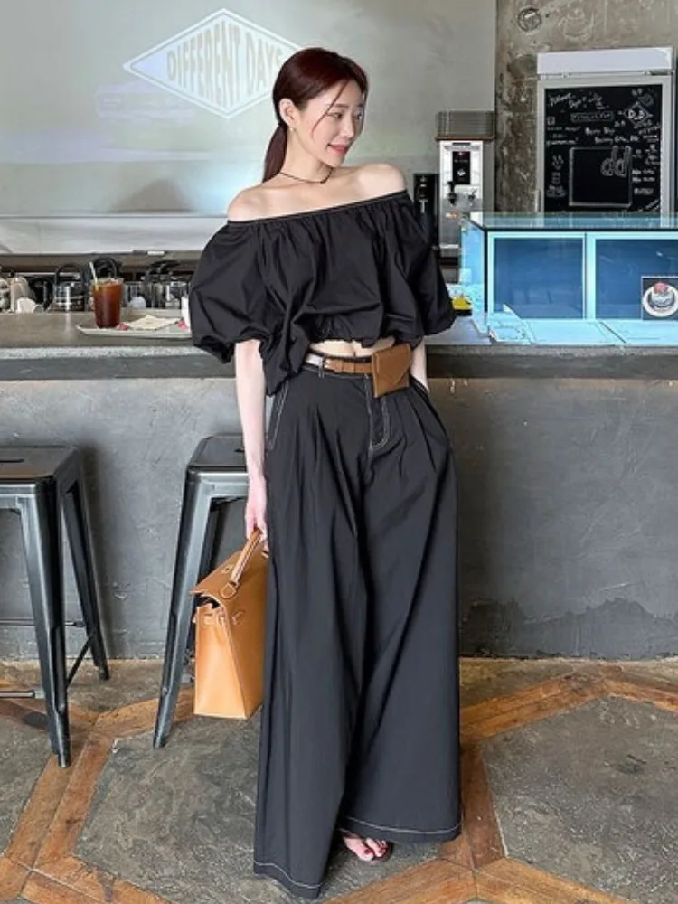 Ele ort oulder irt décontracté taille haute pantalon deux pièces ensemble polyvalent printemps été automne Faion trajet Sle femmes...