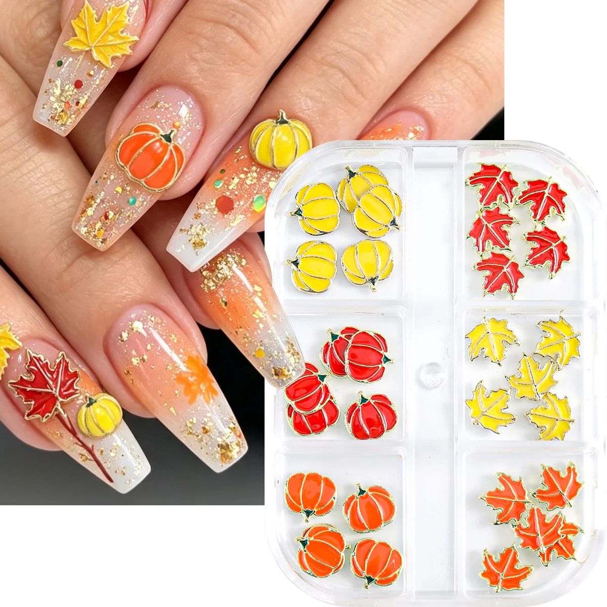 3D pumpkin and maple leaf nail charms, pearl and rhinestone nail charms; curved design fits the shape of the nail.