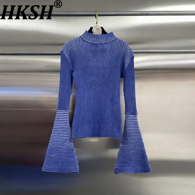 

HKSH весна осень новый женский пуловер свитер с расклешенными рукавами в полоску контрастного цвета элегантные высококачественные трендовые вязаные топы HK15187