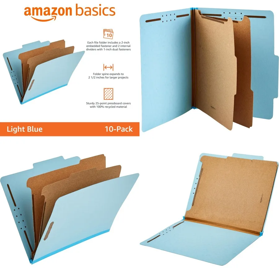 

Light Blue 100 Recycled Classification Folders with Prongs for Organizing Documents in Office or Home Workspace 2 Dividers 2 Em