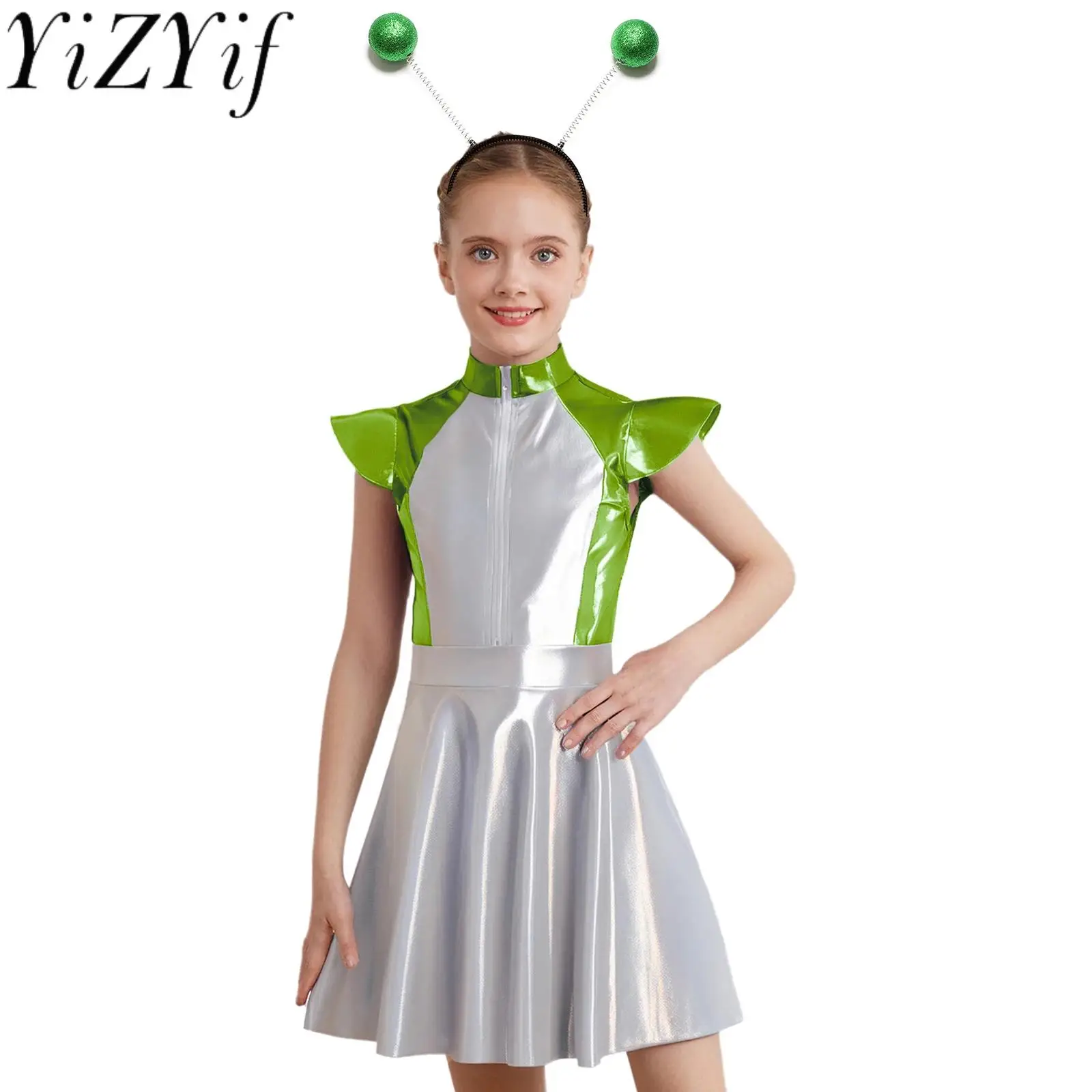 

Платье для косплея «Чужой», блестящий милый костюм трапециевидной формы с забавным обручем для волос «Чужой» для Хэллоуина, наряды для выступлений на сцене