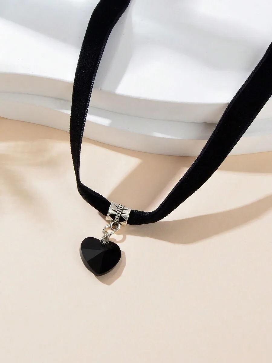 Black Velvet Choker Necklace With Heart Pendant - view 3