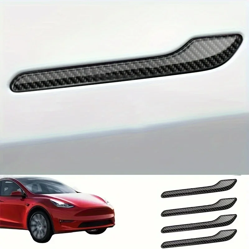 4pcs Set of Black Carbon Fiber Door Handle Covers for Tesla Model 3 & Y - Scratch-Resistant Tape Polished Finish Amagi