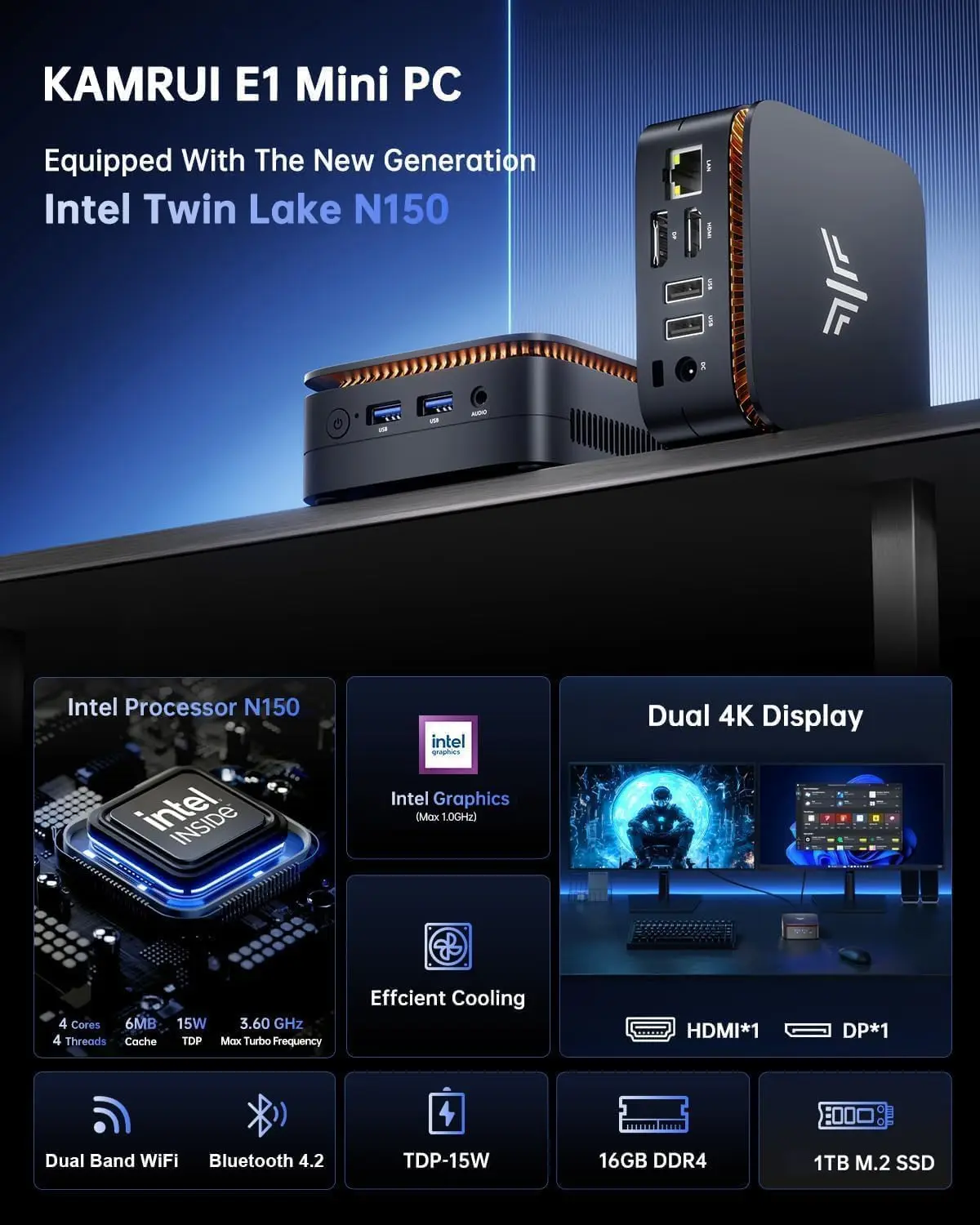 Kammui mini pc intel alder lake n150 16gb ram 1tb m.2 ssd windows11pro wifi6 bt5.2 mini computador de mesa para trabalho em casa negócios