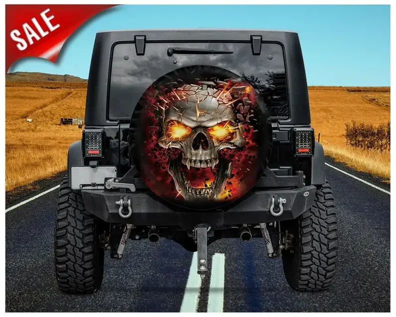 Skull Fire, Skull Tire Spare Cover, , Spare Tire Cover For Car, Halloween decor, Car Accessories, Spare Tire Cover, Halloween gi