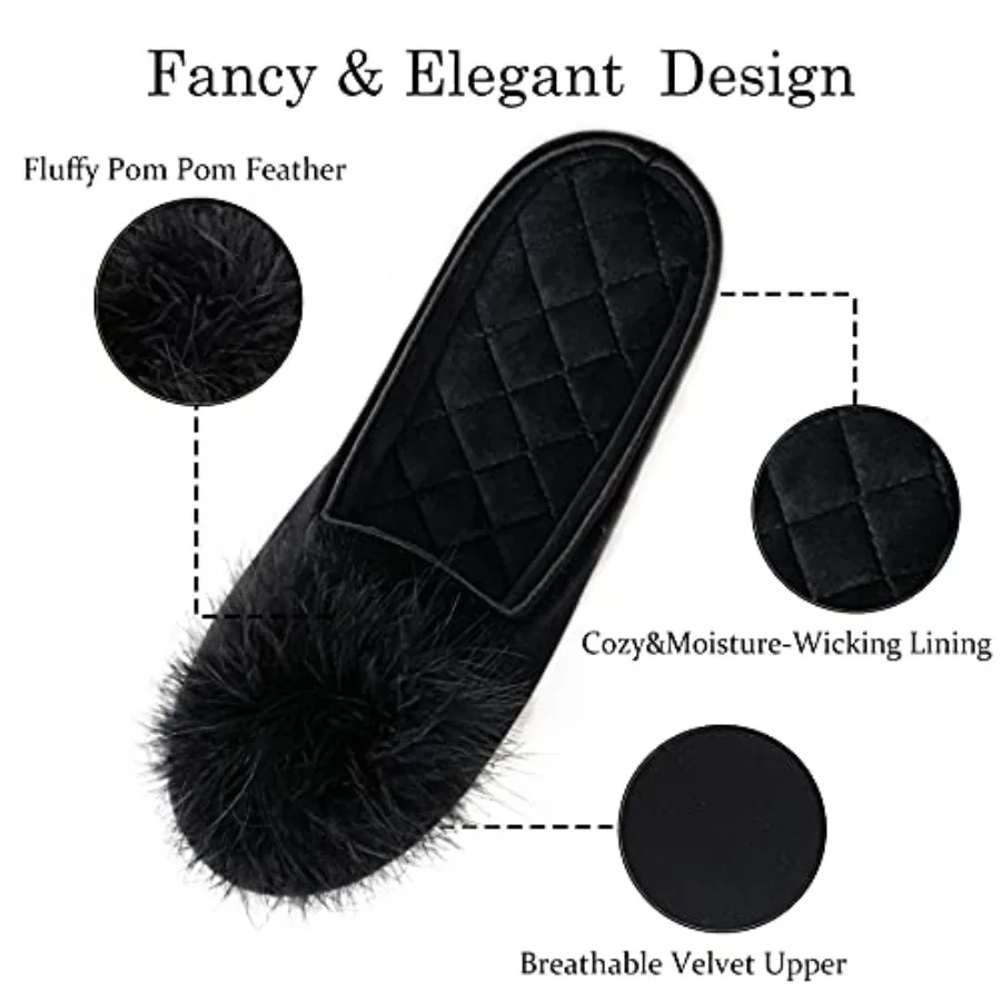 GRITHEIM Women's Fuzzy Pom Pom Velvet Memory Foam House Slippers Ladies Cozy Chenille Knit Bedroom Slippers Non-slip Sole Indoo view 3