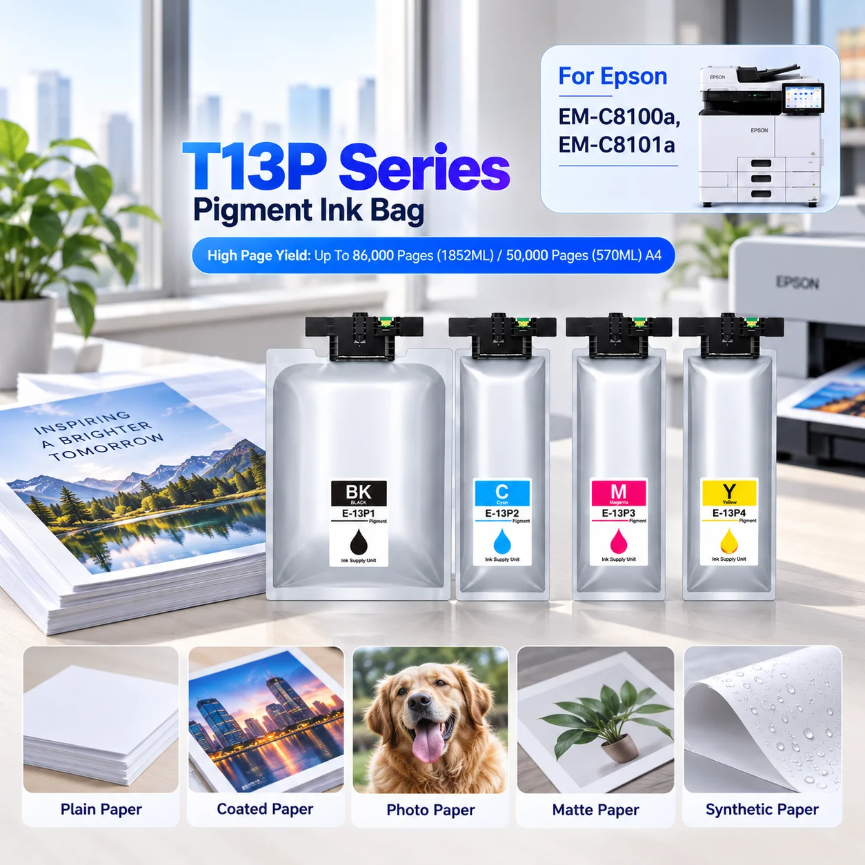 For Epson T13P1 Black Pigment Ink Bag One‑Time Chip Anti‑clog Water‑proof Anti‑fading For EM‑C8100a EM‑C8101a Office Commercial