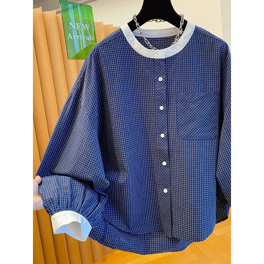 Mulheres em torno do pescoço azul xadrez camisas estilo coreano manga longa único breasted camisas primavera outono feminino casual solto casacos topos