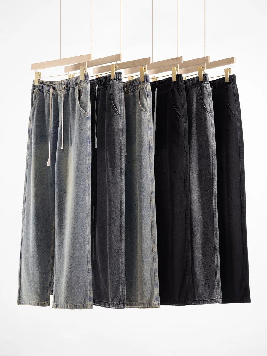 

American Retro Washed Jeans For Men Spring Autumn Elastic Waist Drawstring Straight Leg Denim Pants Casual Simple Loose Trousers