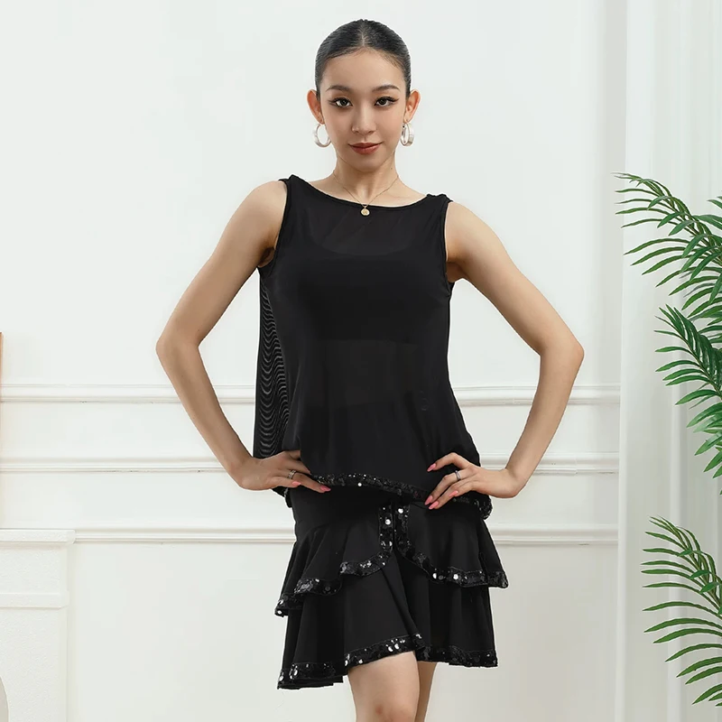 Adult Latin Dance Clothes Women Chacha Rumba Dance Training Wear Sleeveless Mesh Top Sequin Skirt Adult Black Latin Outfit 6013