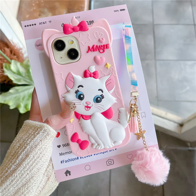 Disney Marie Cat Pink Soft silicone Phone Case for iPhone 12 13 14 15 16 Pro Max 16pro 15pro Cute Neko Pussy tail Cover