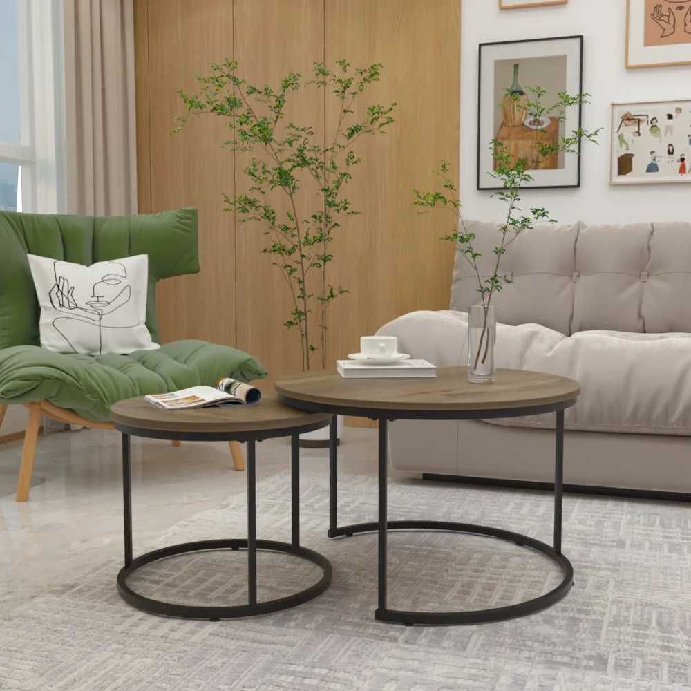 

Nesting Coffee Table Set of 2, 27.6inch Round Coffee Table Industrial Wood Finish with Sturdy Metal Frame, (Brown), End Tables