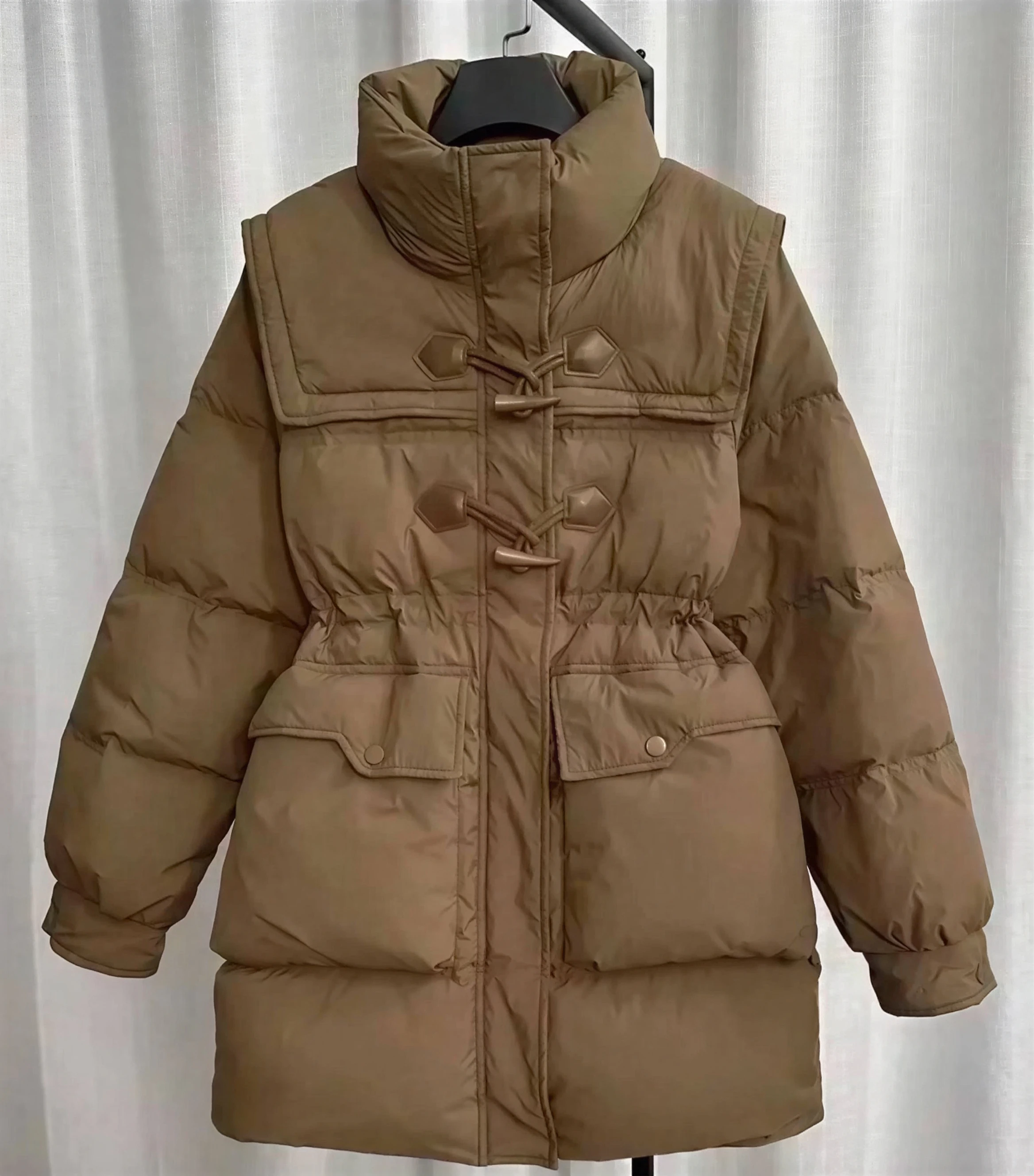Parkas Womens Parka Coat With Real Fur Fall Corduroy Quilted Detachable-Sleeve Double-Sided Snap-Button High-Low Waistband Solid