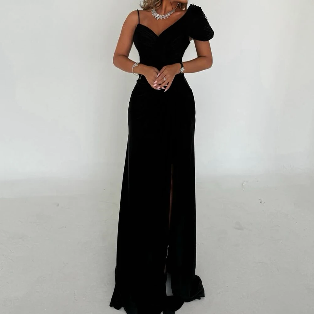 

Straight Front Slit V-Neck Off the Shoulder Jersey Short Sleeves Formal and Fashion Evening Dresses Pleats Saudi Arabia 2024