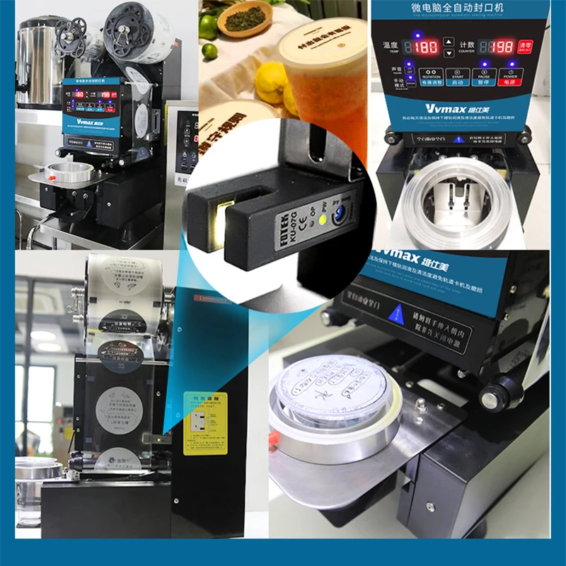 ماكينة تغليف الأكواب الأوتوماتيكية بالكامل ، ماكينة تغليف الأكواب البلاستيكية الكهربائية ، كوب ورقي لسدادة طعام الشاي والحليب ، فيلم شاي الفقاعات ، النسخة الإنجليزية