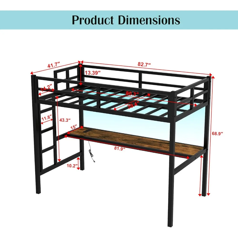 Loft Bed Twin  Size with Desk, Metal Heavy Duty Loft Bed with LED Lights, USB Port, Twin Loft Bed Frames for Kids, Junior