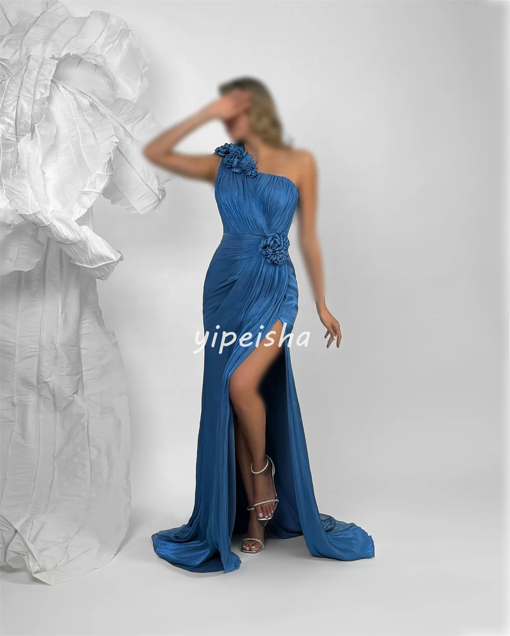 Vestidos largos de un solo hombro, rectos, fruncidos, con flores hechas a mano, estilo moderno personalizado, vestidos para ocasiones a medida, elegantes y sexys