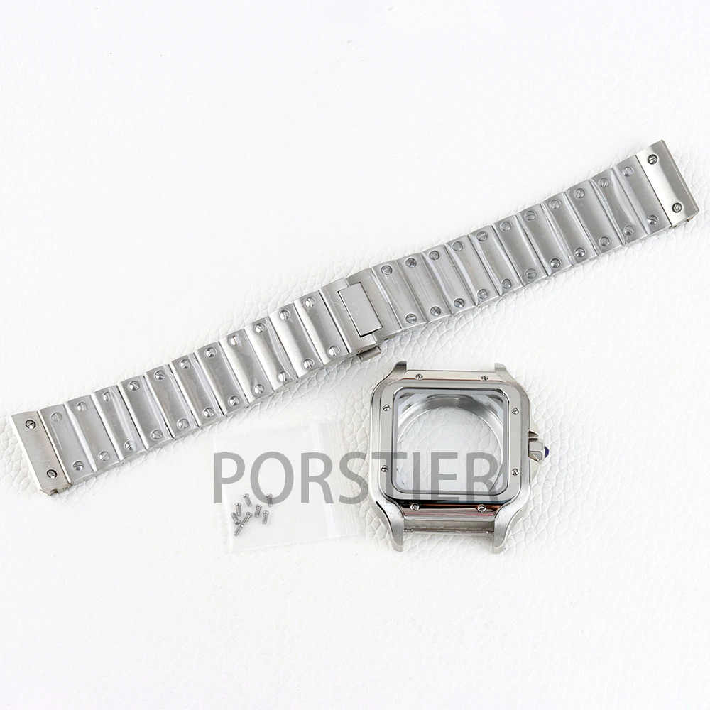 

Silver NH35 Case 38mm for Santos NH35 NH36 NH38 Movement 27mm Dial Solid 316L Stainless Steel Bracelet Waterproof Watch Case