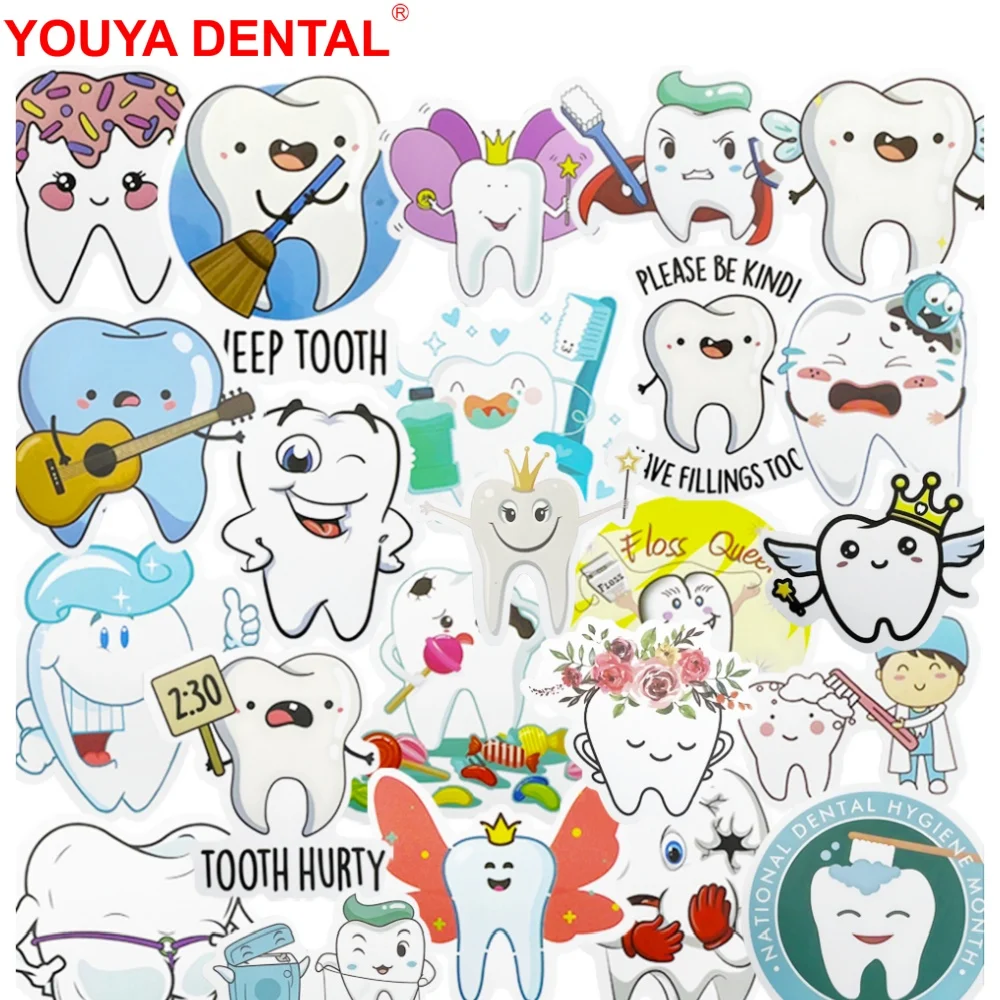 50pcs/Lot Cartoon Dental Stickers For Kids Kawaii Tooth Shaped Sticker Children Decals Accessories Gifts Dentistry Decoration